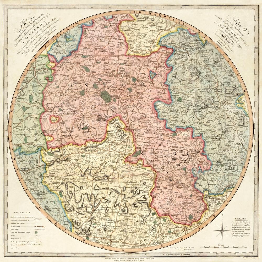 A New And Accurate Map Of The Country For Twenty Five Miles Round The University Of Oxford Exhibiting All The Direct And Cross Roads, The Hills, Vales, Woods, Rivers, Canals, Towns, Villages, Hamlets, Parks, And Seats