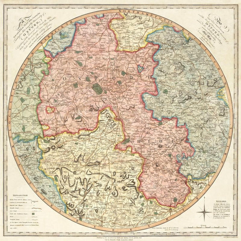 A New And Accurate Map Of The Country For Twenty Five Miles Round The University Of Oxford Exhibiting All The Direct And Cross Roads, The Hills, Vales, Woods, Rivers, Canals, Towns, Villages, Hamlets, Parks, And Seats