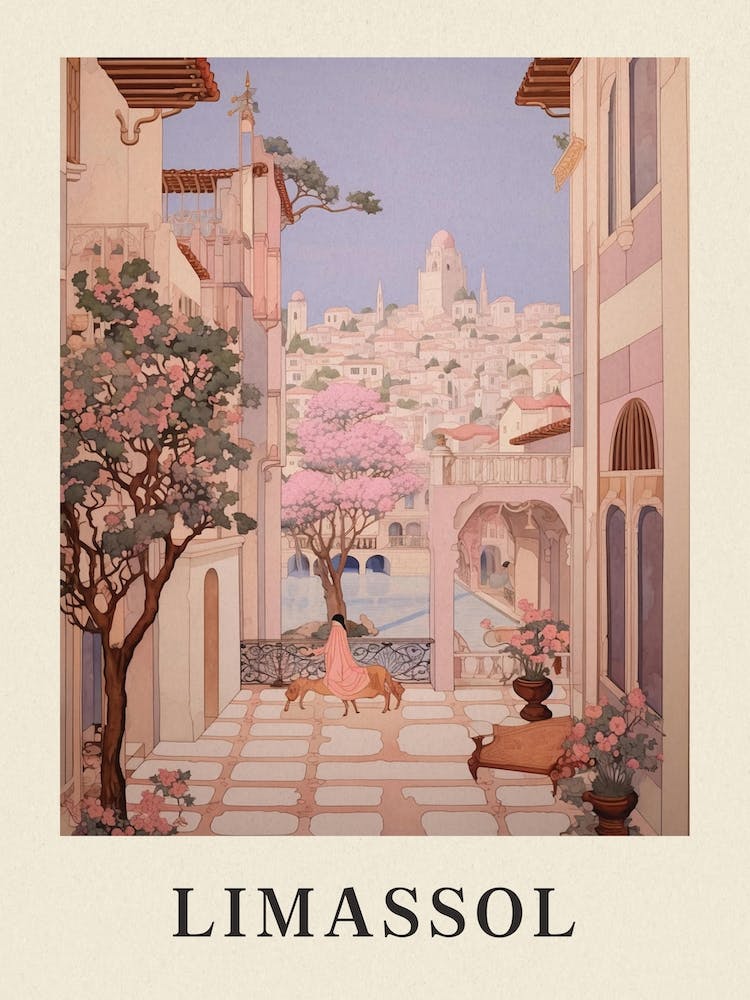 Limassol Cyprus 2 Vintage Pink Travel Illustration Poster