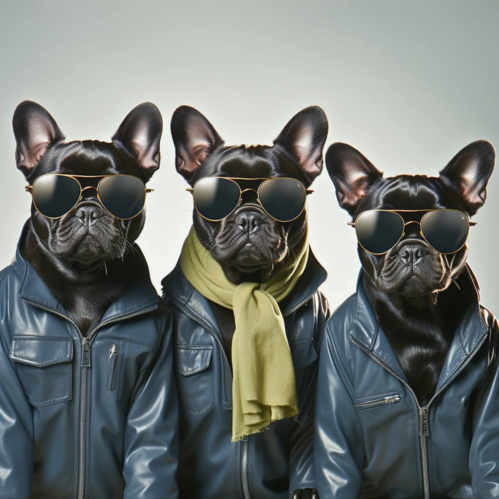 Trois bouledogues français avec des lunettes de soleil