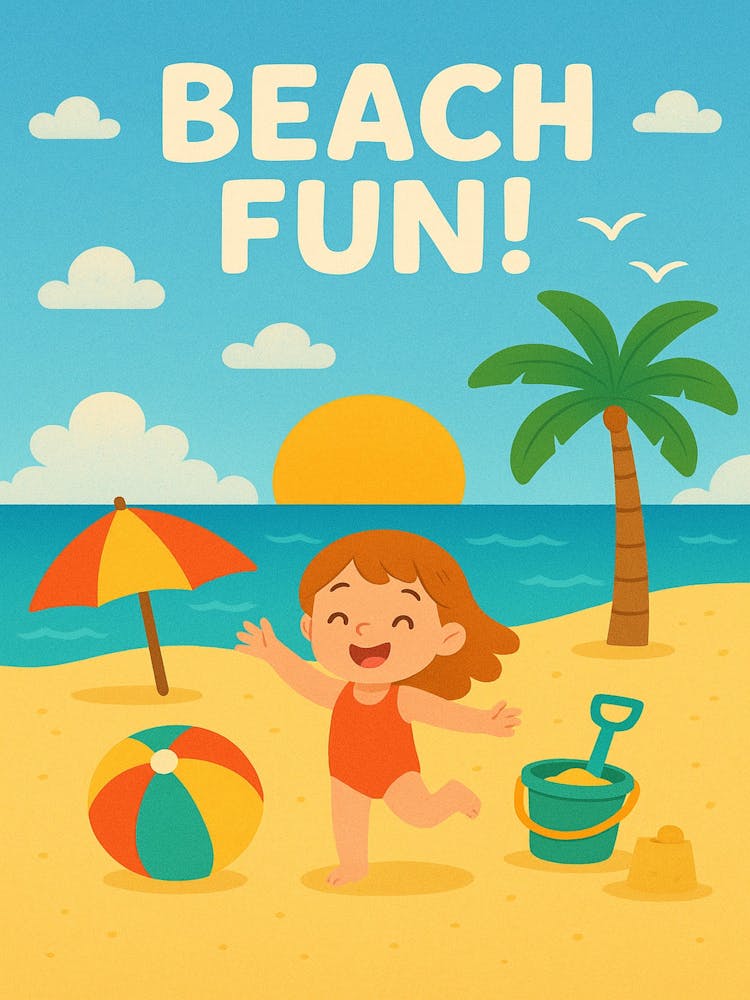 Beach Fun - Cute Summer Beach Poster for Kids Digital Wall Art