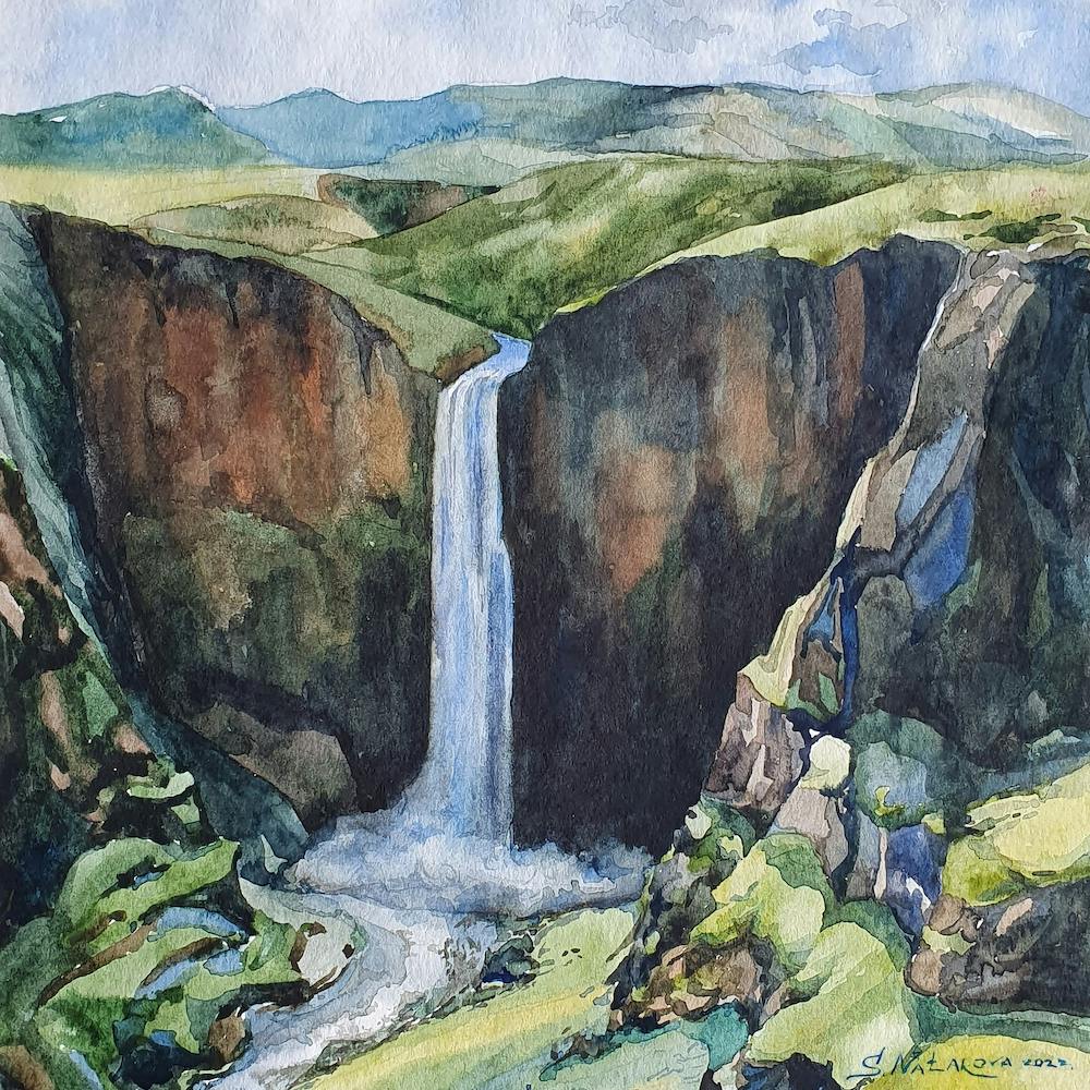 Watercolor Landscape Waterfall Square