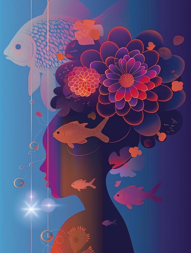 Frau mit Fischen und Blumen