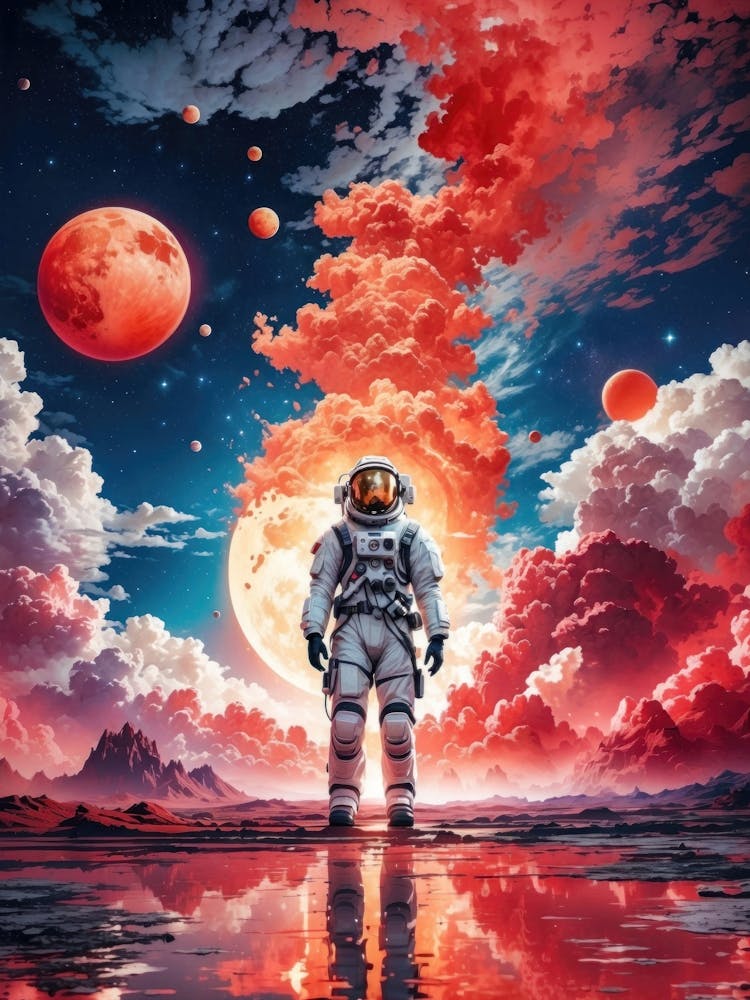 In a red cosmic world, an astronaut stands on a surreal alien planet, witnessing the explosion of a distant world surrounded by moons and stars.