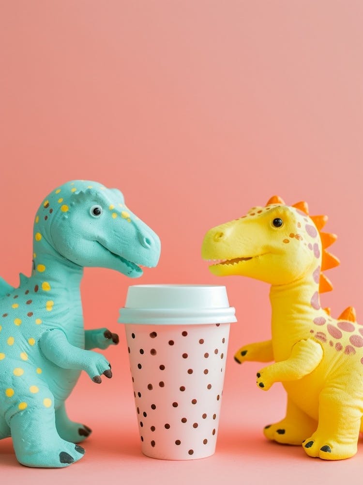 Toy Dinosaurs Share A Coffee