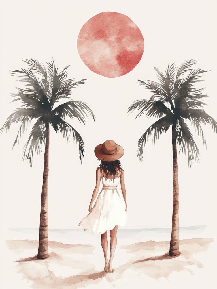 Woman Walking On Beach With Palm Trees