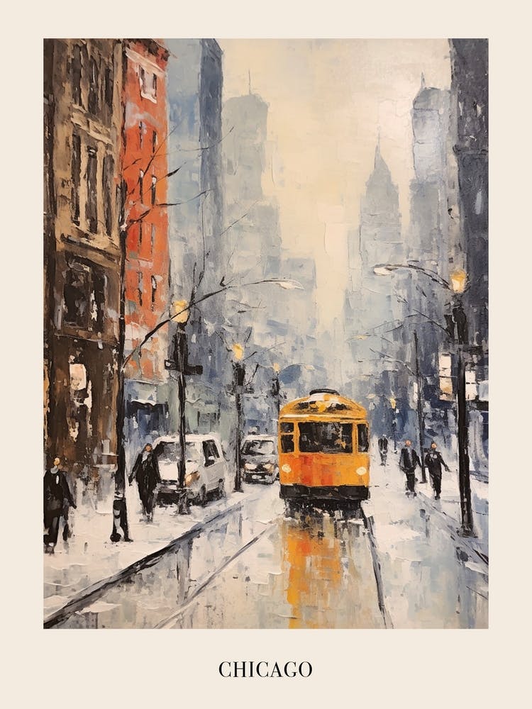 Vintage Winter Painting Poster Chicago Usa 2