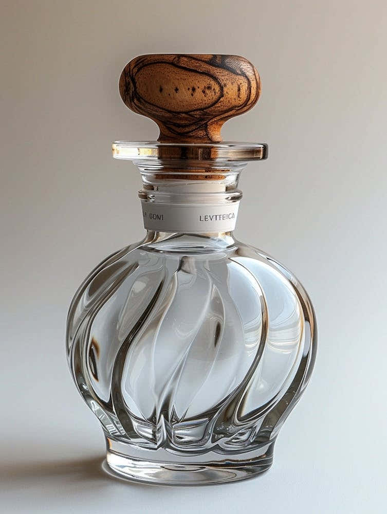 Perfume Bottle, Transparent Glass Bottle, Wooden Lid, Exquisite Appearance, Rich Details, White Label On The Bottle Body, White Background,