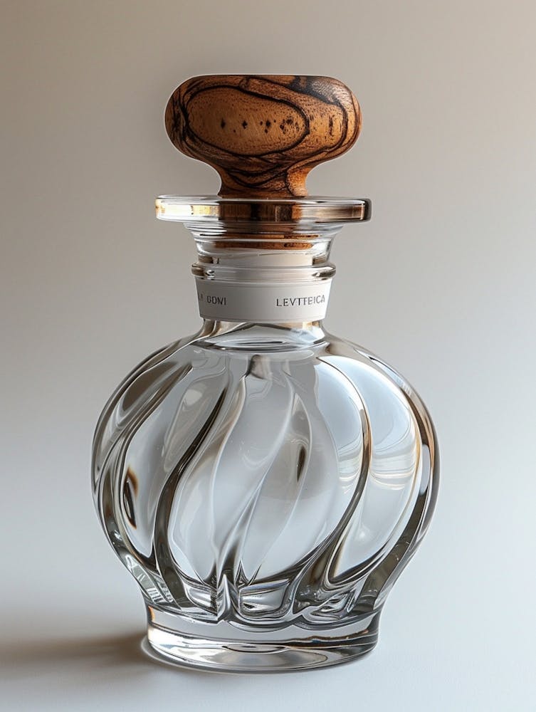 Perfume Bottle, Transparent Glass Bottle, Wooden Lid, Exquisite Appearance, Rich Details, White Label On The Bottle Body, White Background,