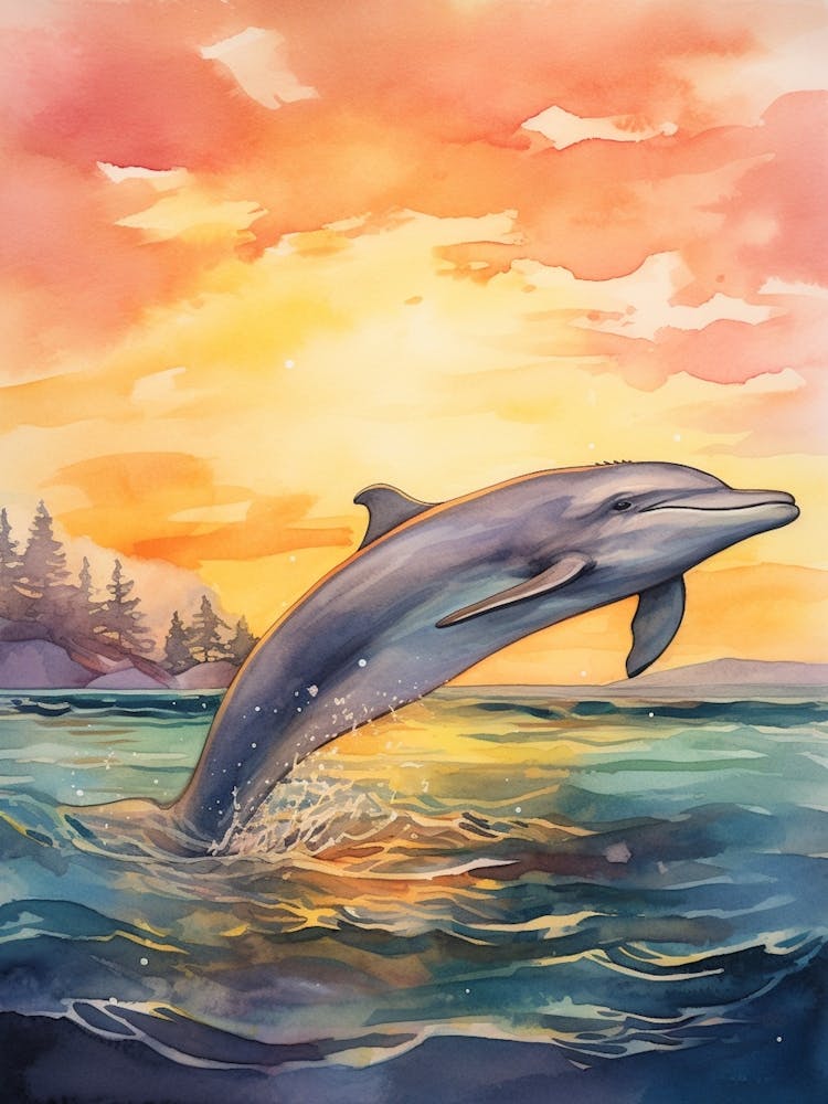 Illustration Aquarelle Dauphin au Lever du Soleil