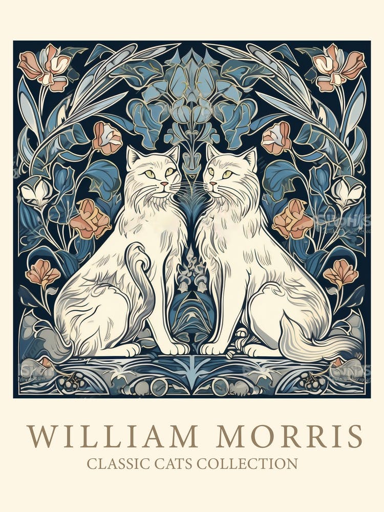 William Morris Inspired   Classic Cats White Cats Teal Blue