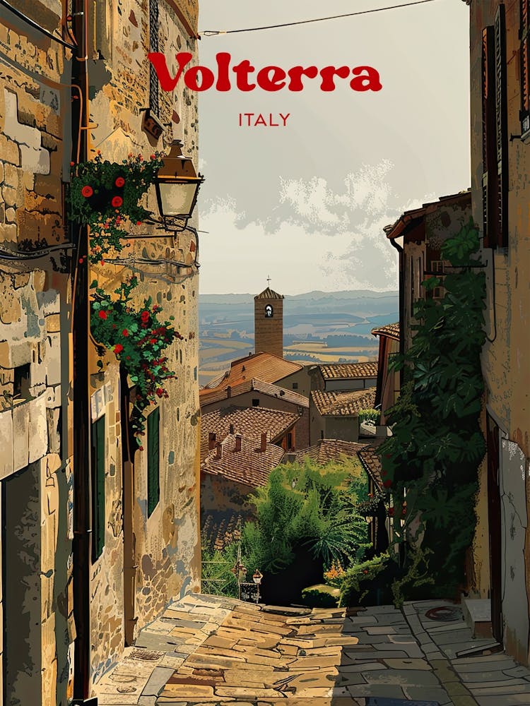 Volterra Italy Town Travel Art Illustration