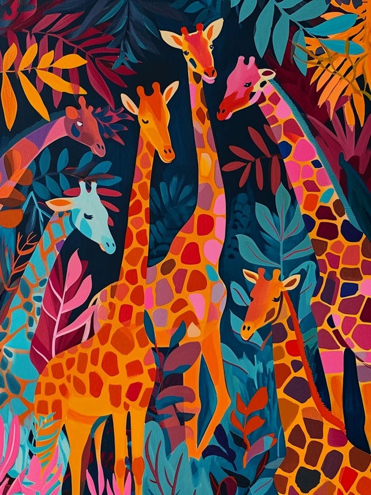 Troupeau de Girafes aux Feuilles Bleues Colorées