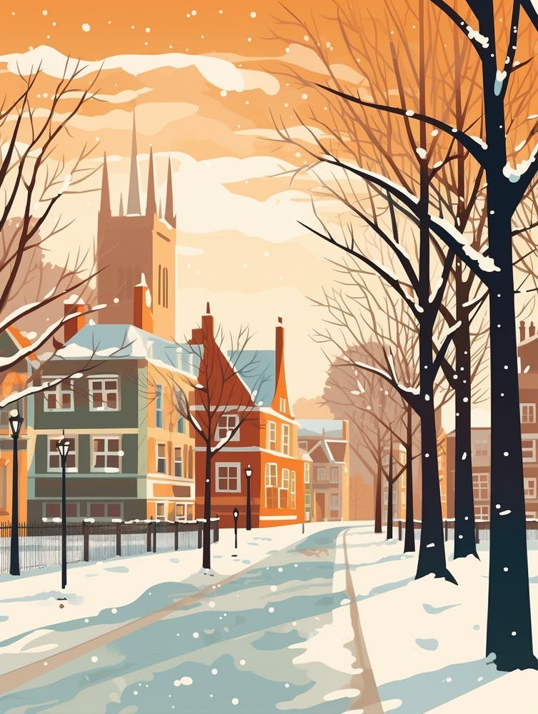 Vintage Winter Travel Illustration Cambridge United Kingdom 4