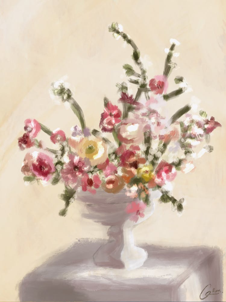 Neutral tones original oil painting - Classic flowers and vintage vibes - into the garden