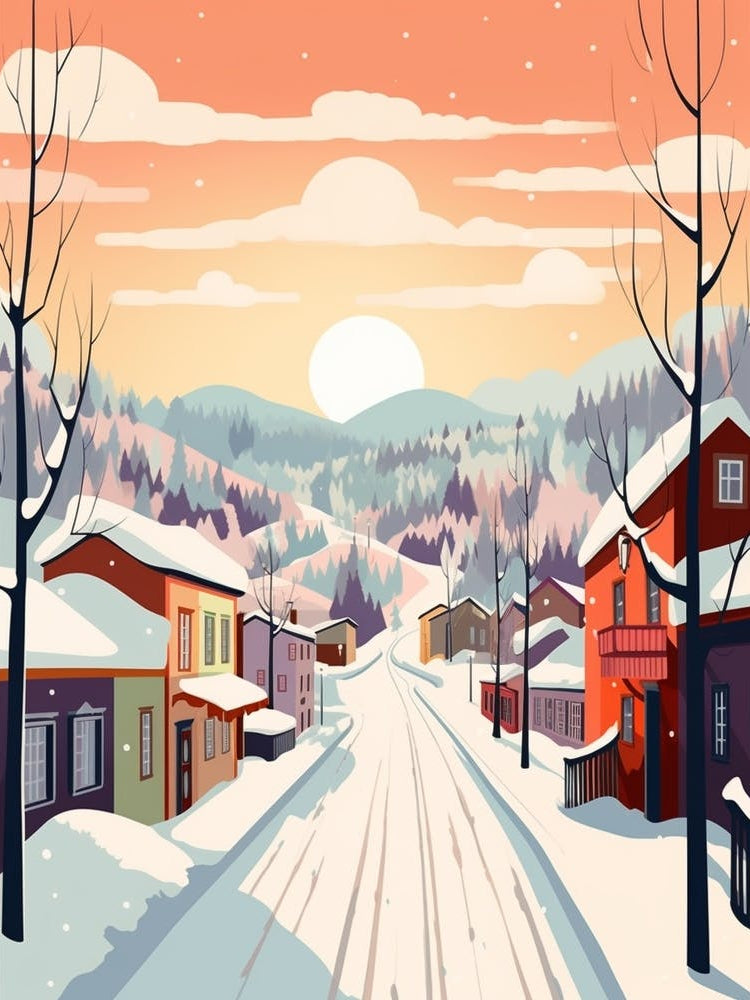 Vintage Winter Travel Illustration Kiruna Sweden 1