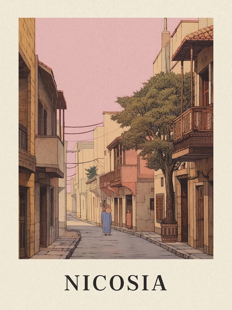 Nicosia Cyprus 3 Vintage Pink Travel Illustration Poster