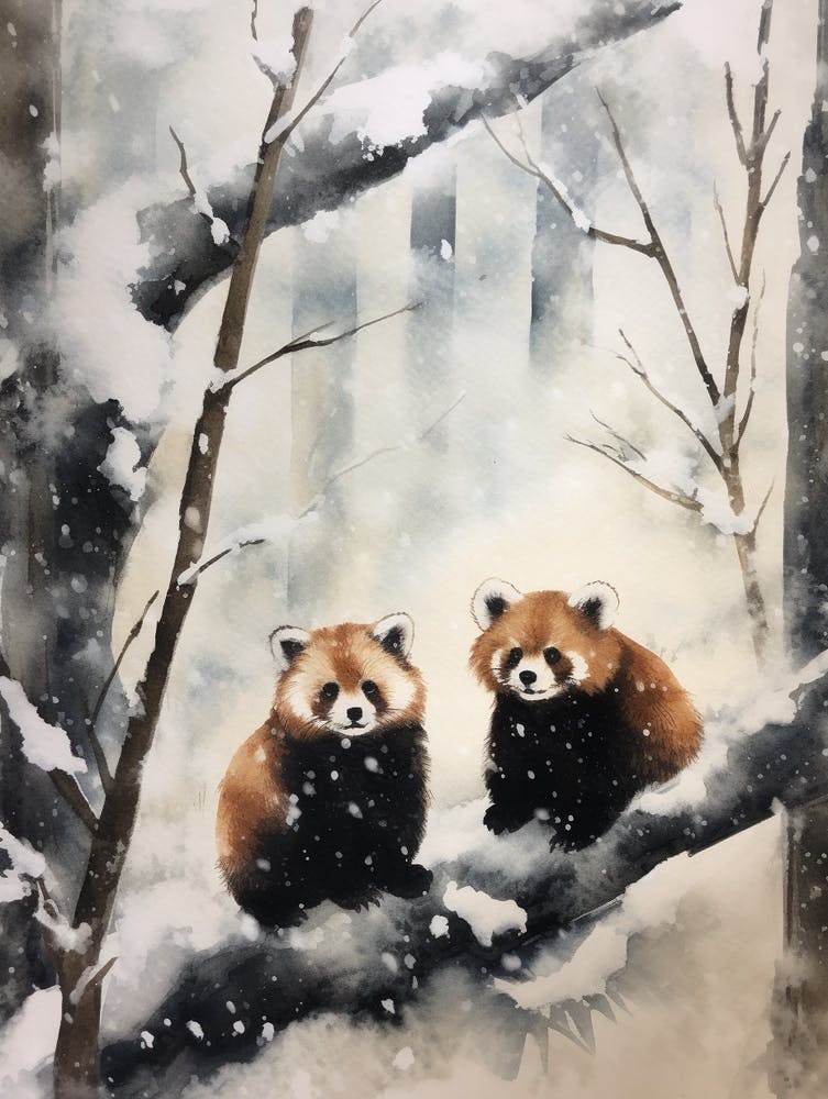 Winter Watercolour Red Panda 1