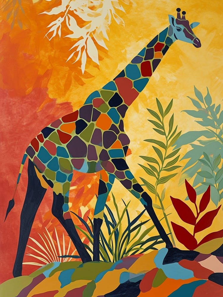 Colourful Giraffe In The Leaves Illustration 6