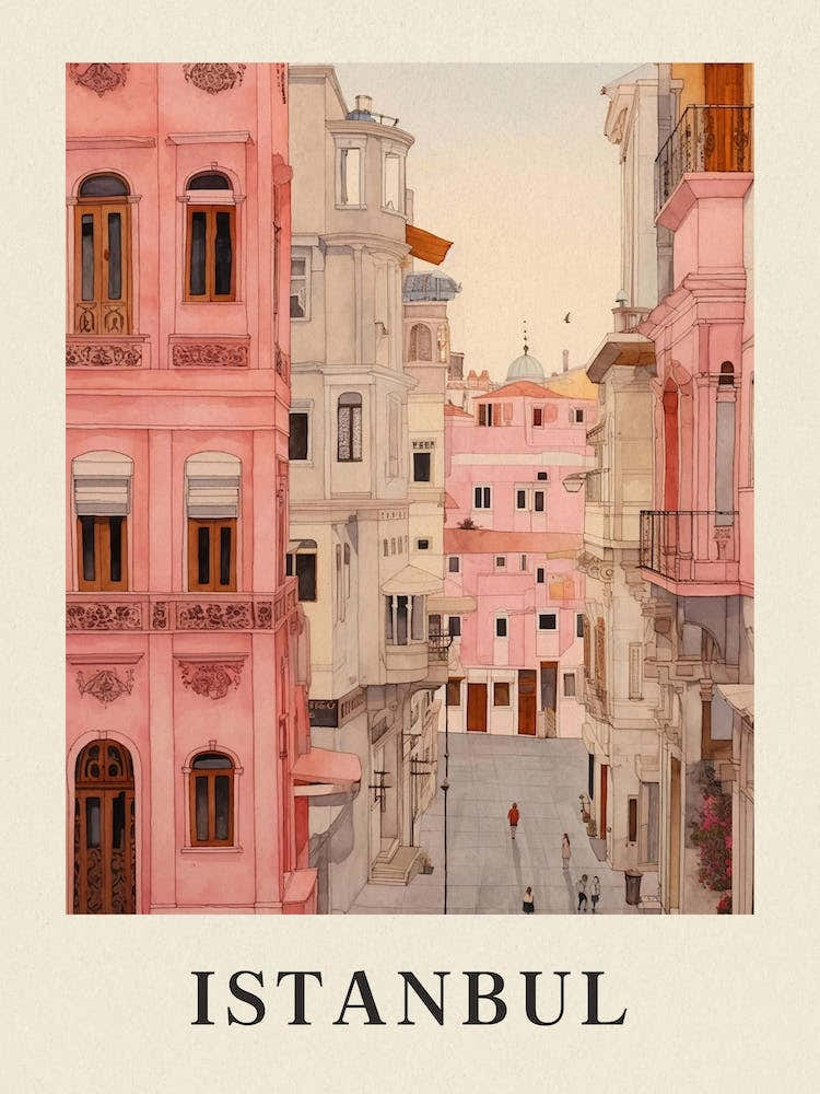 Istanbul Turkey 4 Vintage Pink Travel Illustration Poster