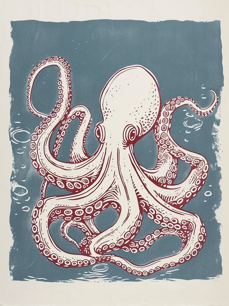 Chalk Blue Octopus Linocut Style