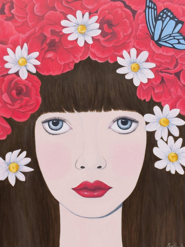 Woman And Red Flowers On Hair