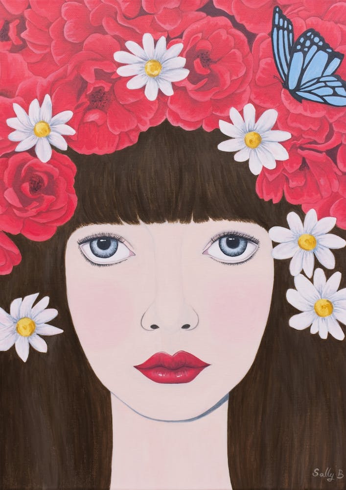 Woman And Red Flowers On Hair