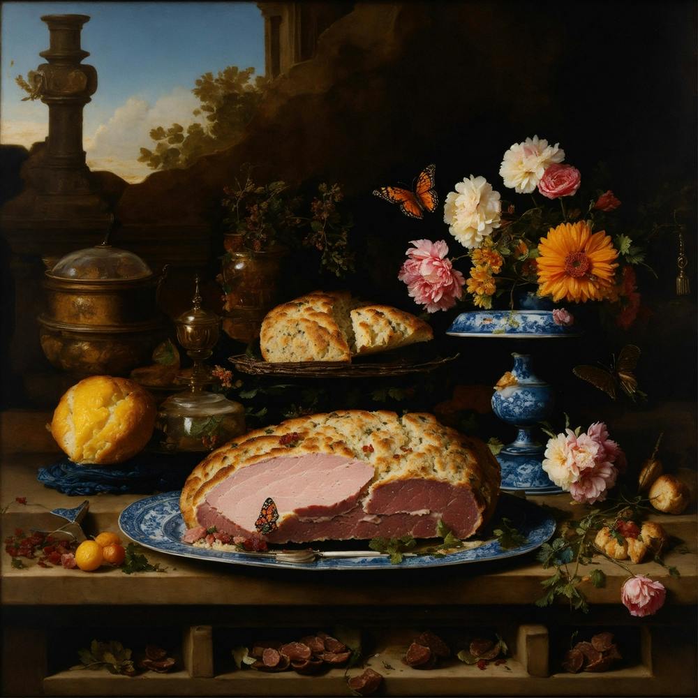 Table With Ham And Flowers