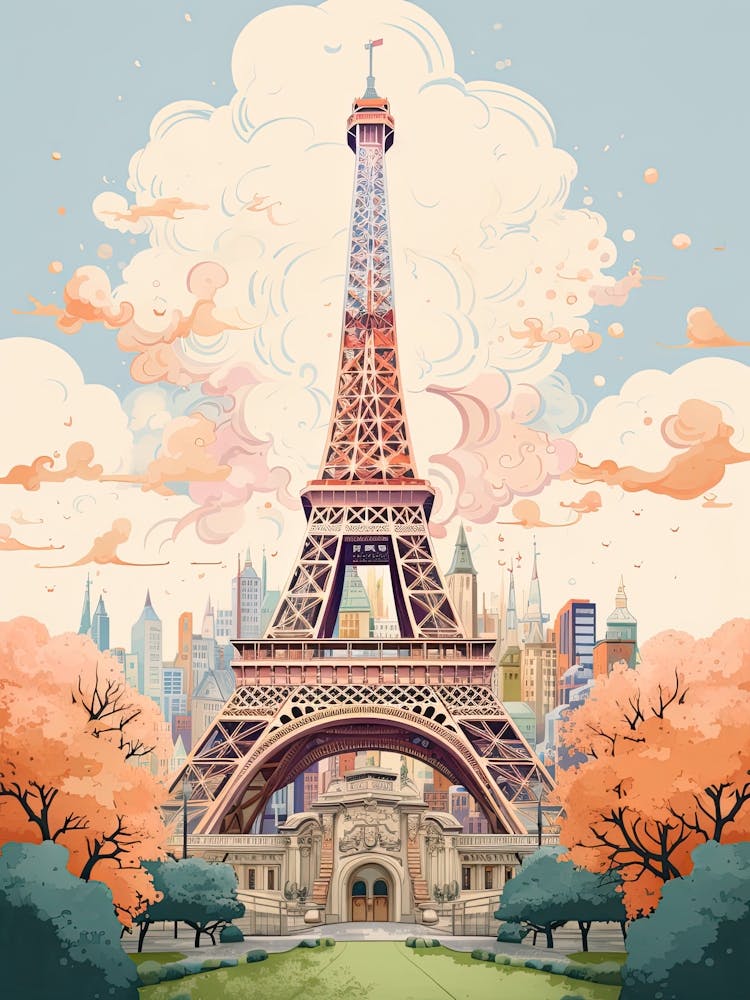 Eiffel Tower   Paris, France   Cute Botanical Illustration Travel 1