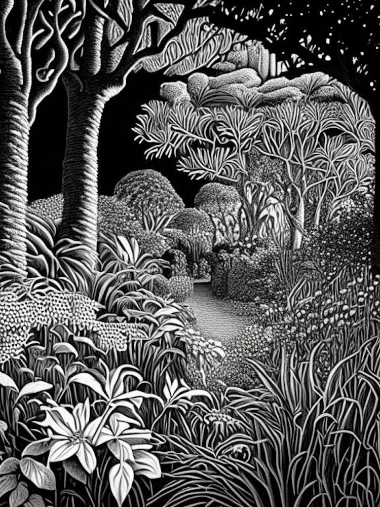 Tresco Abbey Gardens, United Kingdom Linocut Black And White Vintage