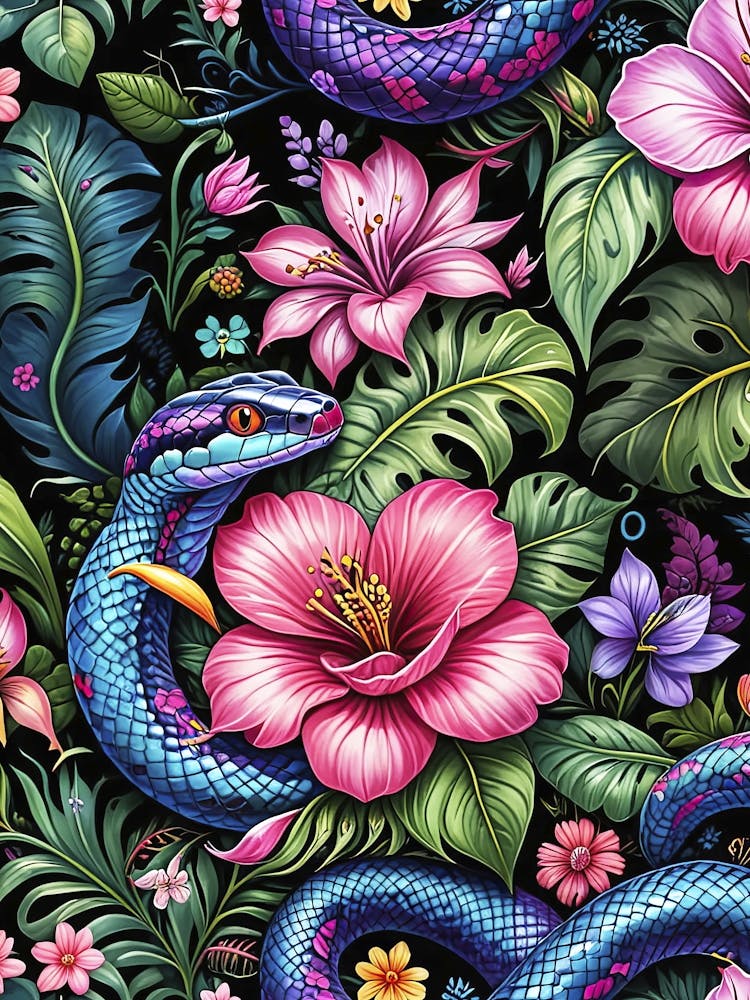 Tropical snakes and flowers - Chinese New Year 2025, seamless floral poster 1