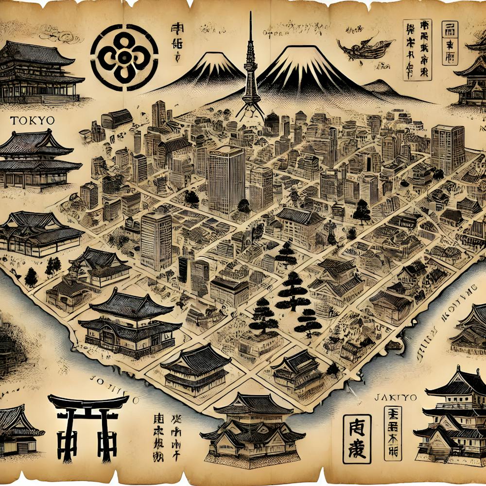 Tokyo Antique Map Japanese Medieval Cartography Vintage Samurai Style Artwork