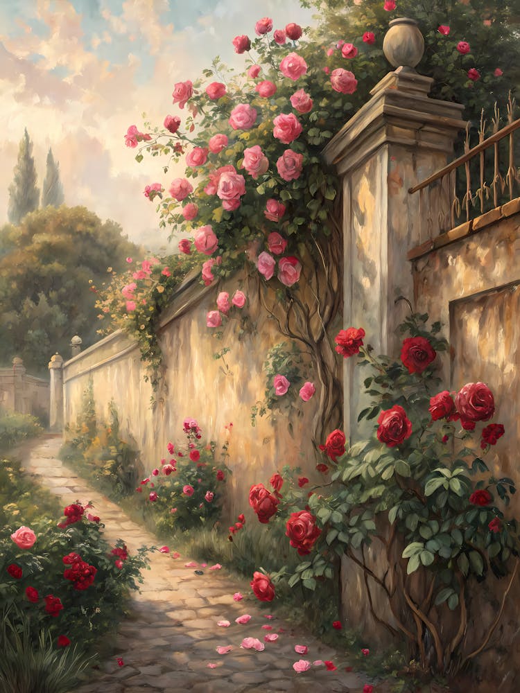 Oil Painting Style Secret Garden Wall Climbing Roses & Stone Path