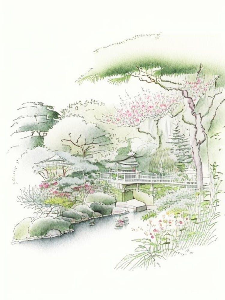 Rikugien Gardens, Japan Vintage Pencil Drawing