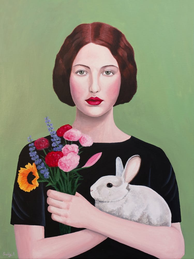 Woman With Rabbit And Flowers