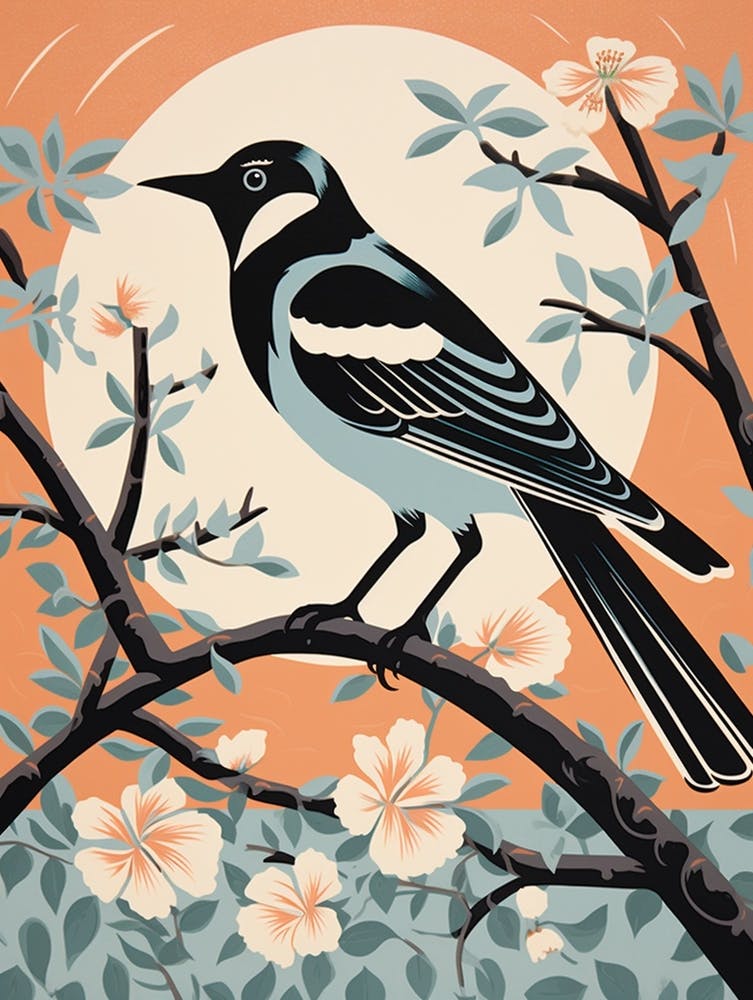 Vintage Bird Linocut Magpie 5