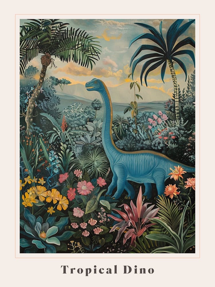 Dinosaur With Tropical Leaves Painting 2 Poster Art Print by Dino