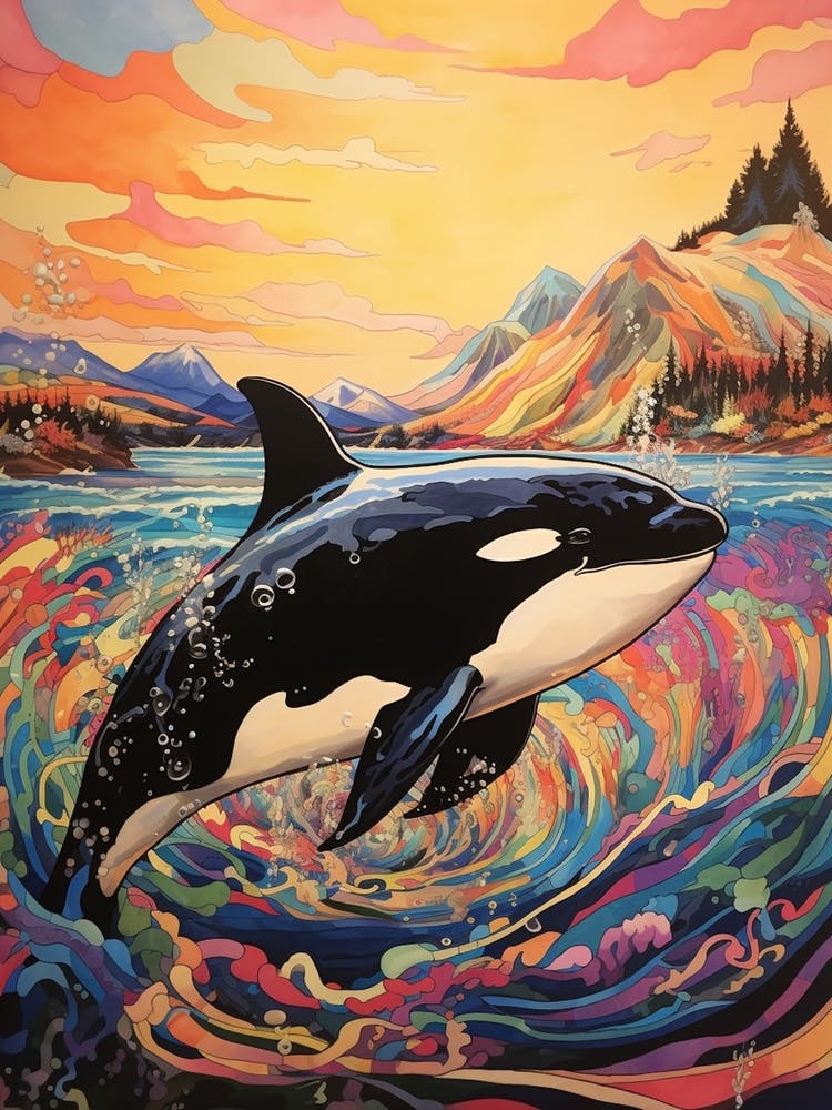 Surreal Orca Whale Waves And Mountain