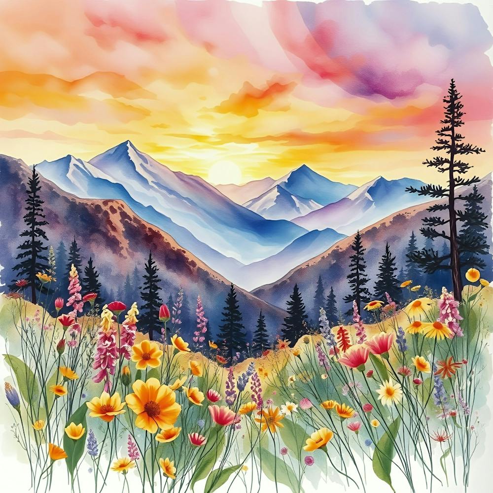 Watercolor Of Mountains And Flowers 2