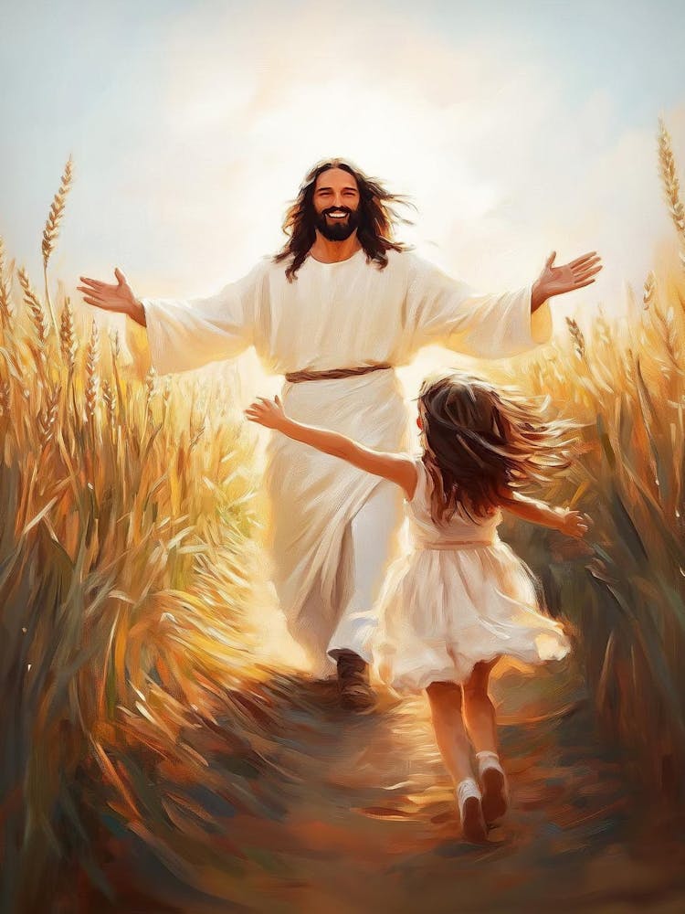Girl Runs To Jesus, A Leap Of Faith, Christian Art, Jesus And Girl Art, Jesus Painting, Jesus And Children, Jesus Print, Jesus And Kids