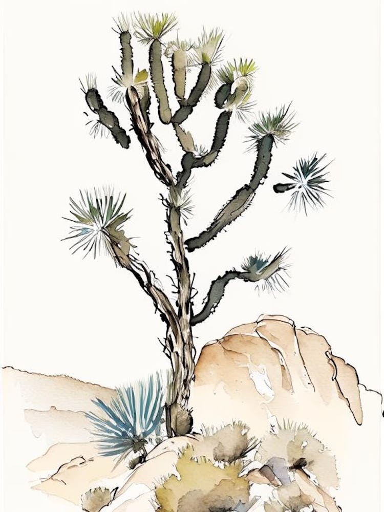 Joshua Tree In Mountain Foothill Minimilist Watercolour  (4)