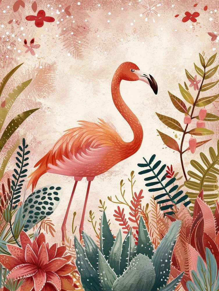 Jamess Flamingo And Bromeliads Minimalist Illustration 1