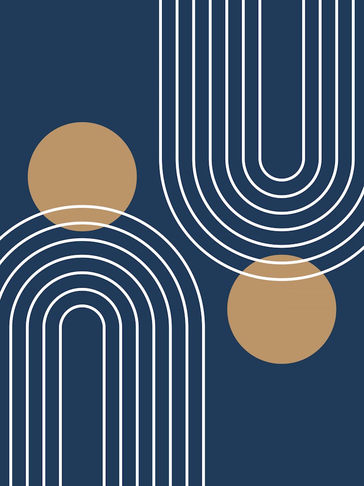 Mid Century Modern Geometric C20 In Navy Blue And Camel (Rainbow And Sun Abstraction) 01