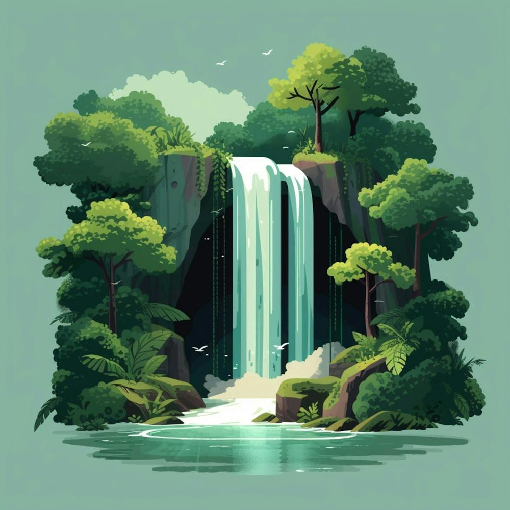 Illustration Iconography Design Of A Waterfall And Trees, Forrest Green