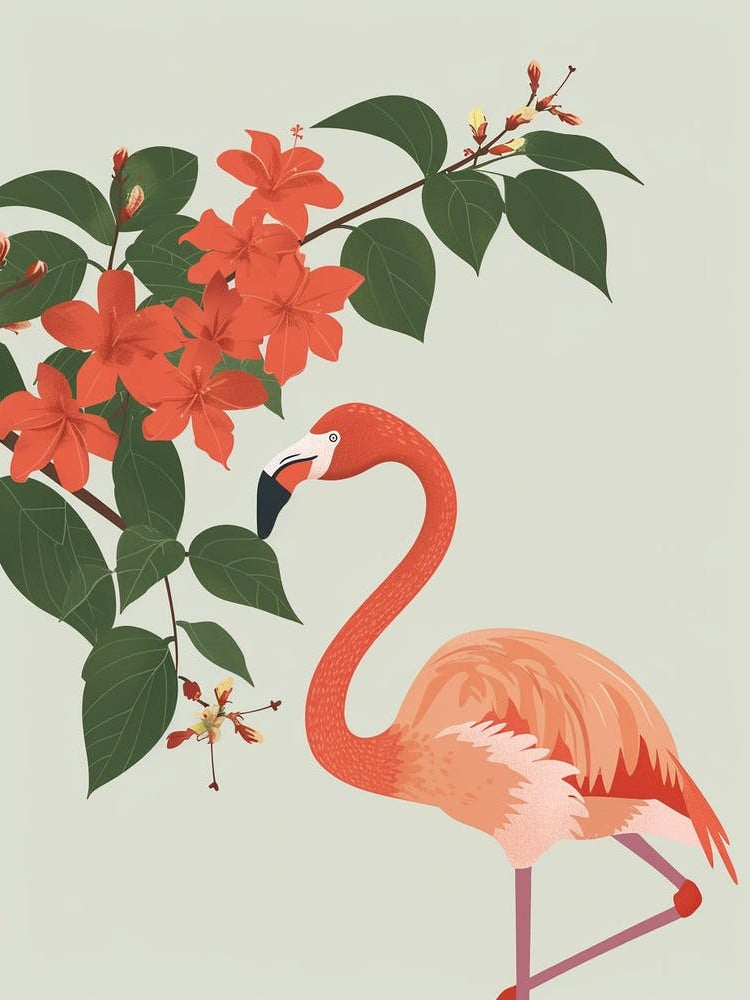 American Flamingo And Bougainvillea Minimalist Illustration 3