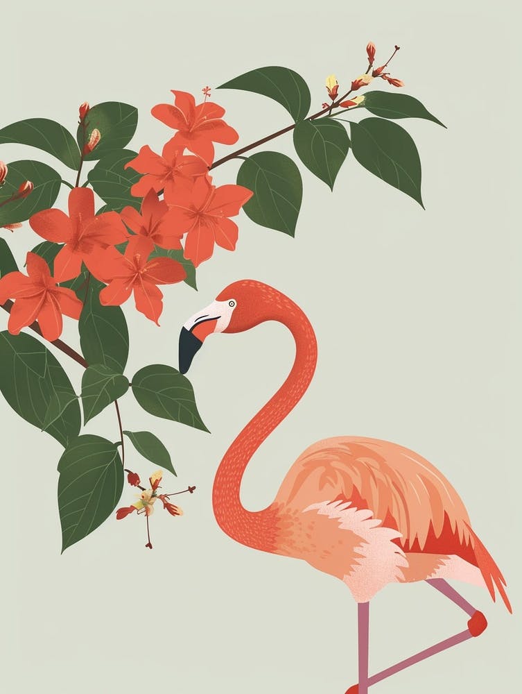 American Flamingo And Bougainvillea Minimalist Illustration 3