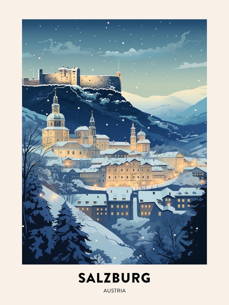 Winter Night  Travel Poster Salzburg Austria 2