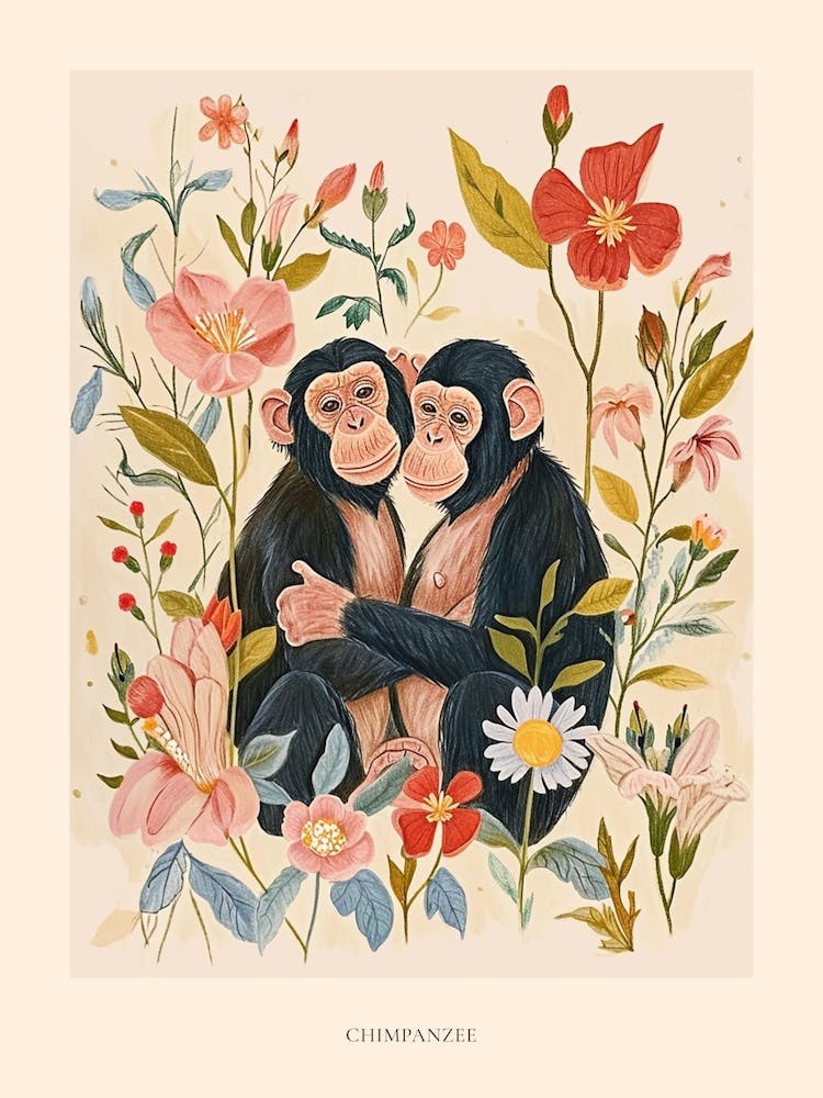 Dessin animalier floral folklorique Chimpanzé 2 Affiche