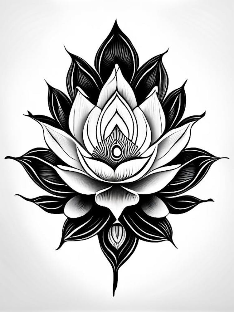 Lotusblume, Symbol, Drittes Auge Einfache Schwarz-Weiß-Illustration 4