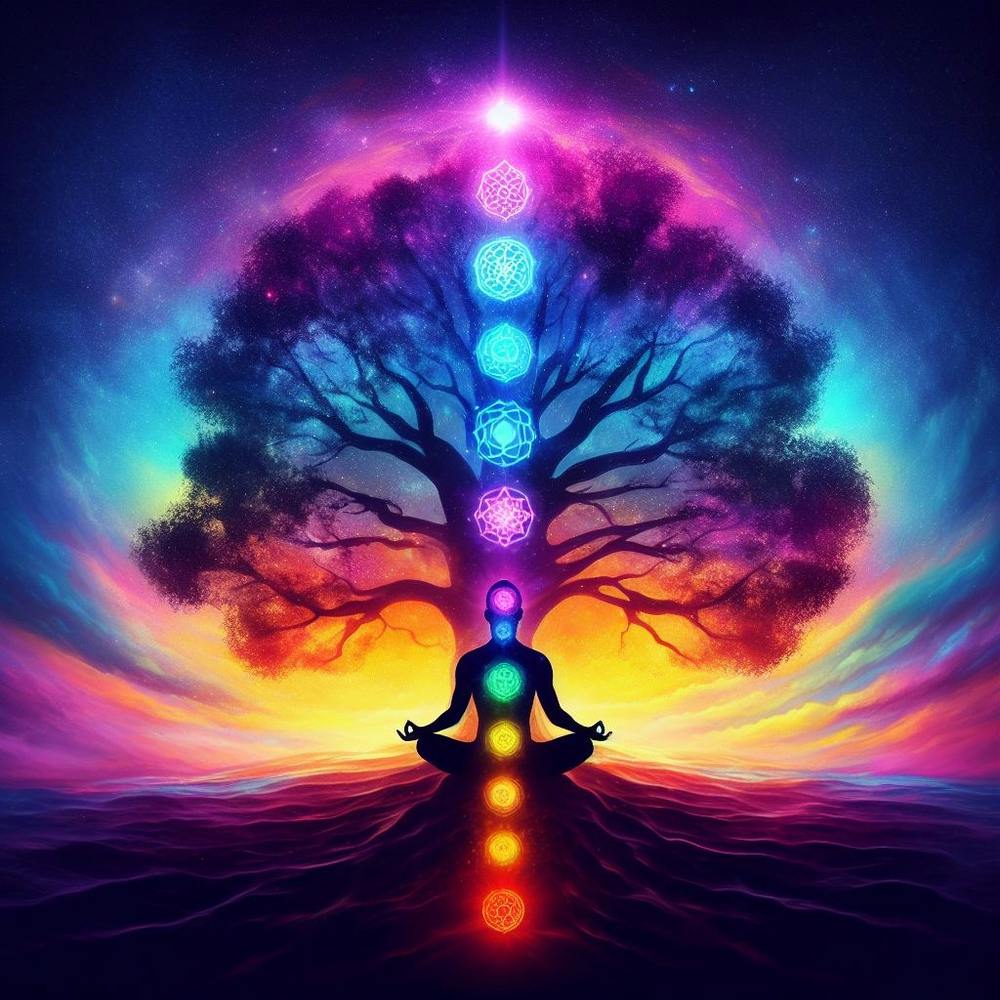 Silhouette of a man meditating under the tree of life